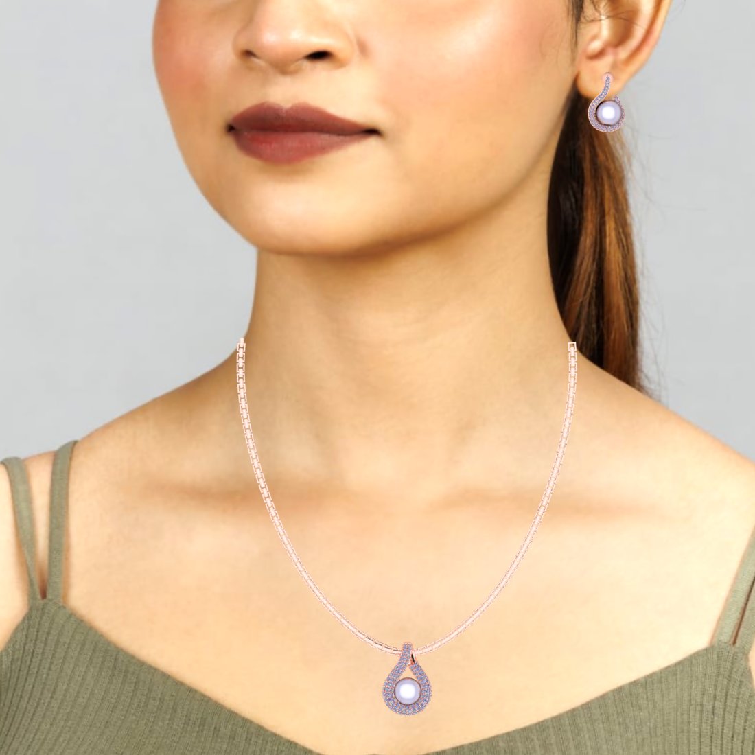 Rosegold Infinity pearl Zircon chain pendent with earrings for Women and girls (With chain)