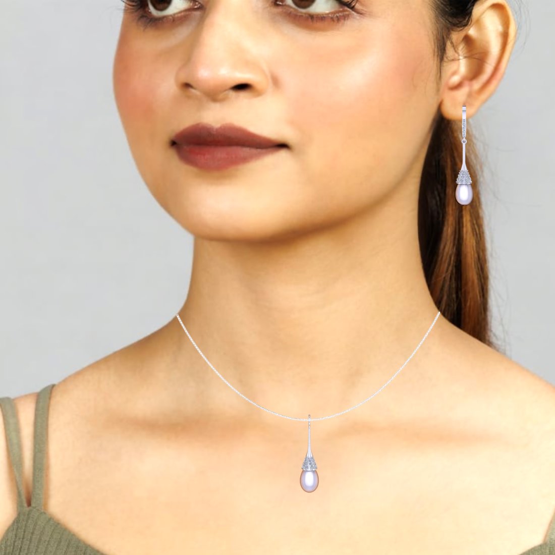 Sterling Silver Pearl drop chain pendant with earrings set for women and girls