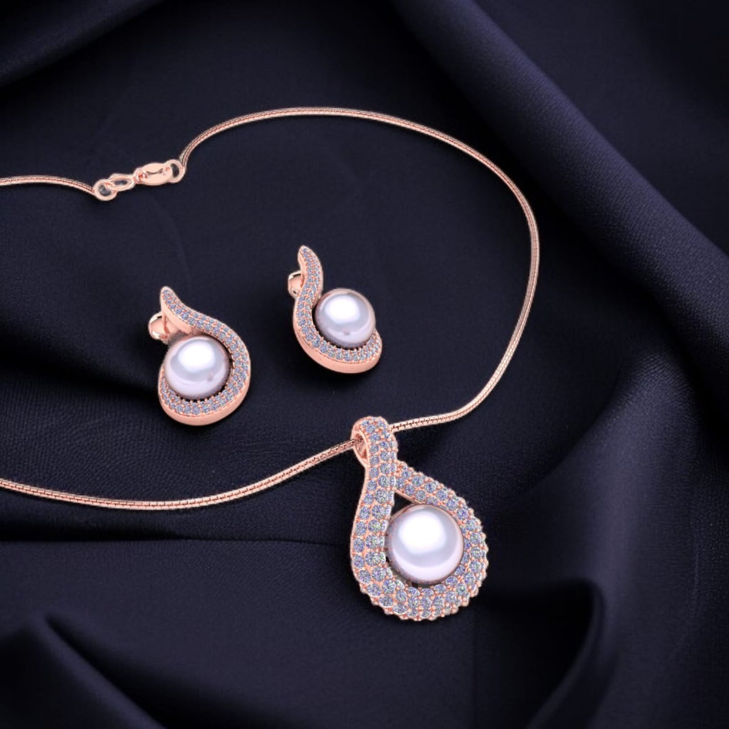 Rosegold Infinity pearl Zircon chain pendant with earrings for Women and girls (With chain)