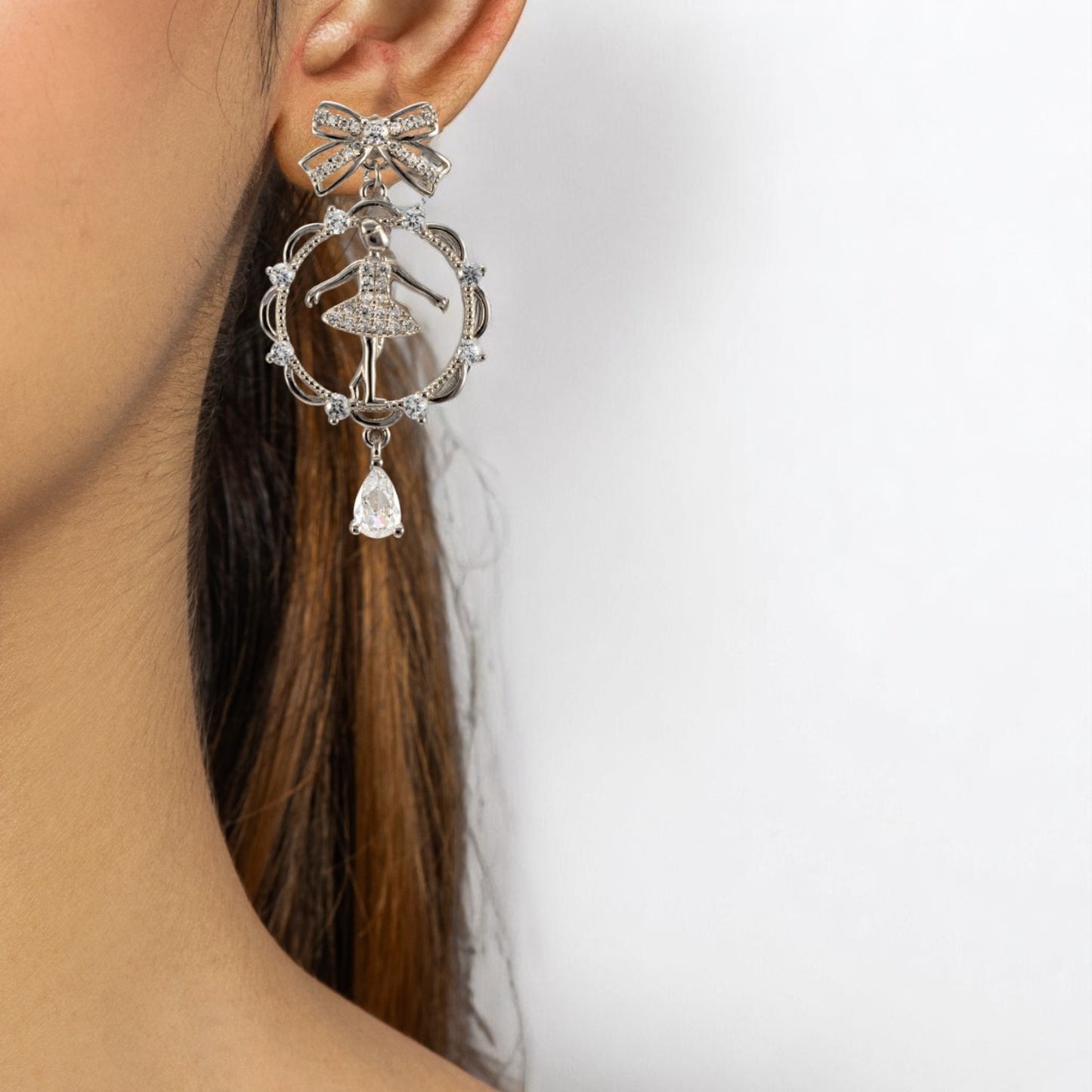 Sterling Silver Zircon Studded Dancing Doll Earrings for Women and Girls