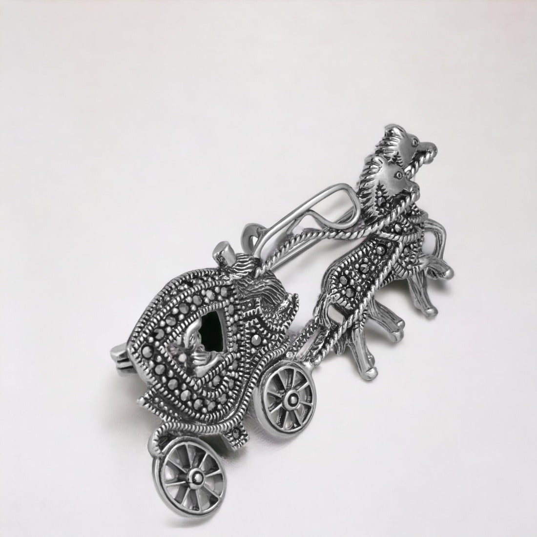 Moon Tarnish Oxidized Silver Horse Cart Brooch Cum Pendant For Men & Women