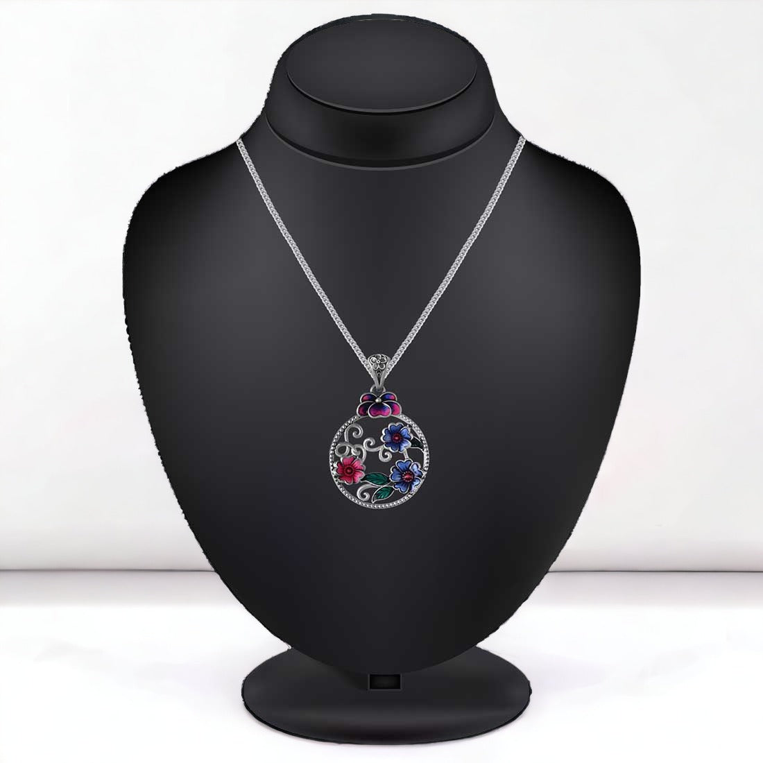 Moon Tarnish Oxidized Colorful Mina-Kari Flower Pendant For Women & Girls(Without Chain)