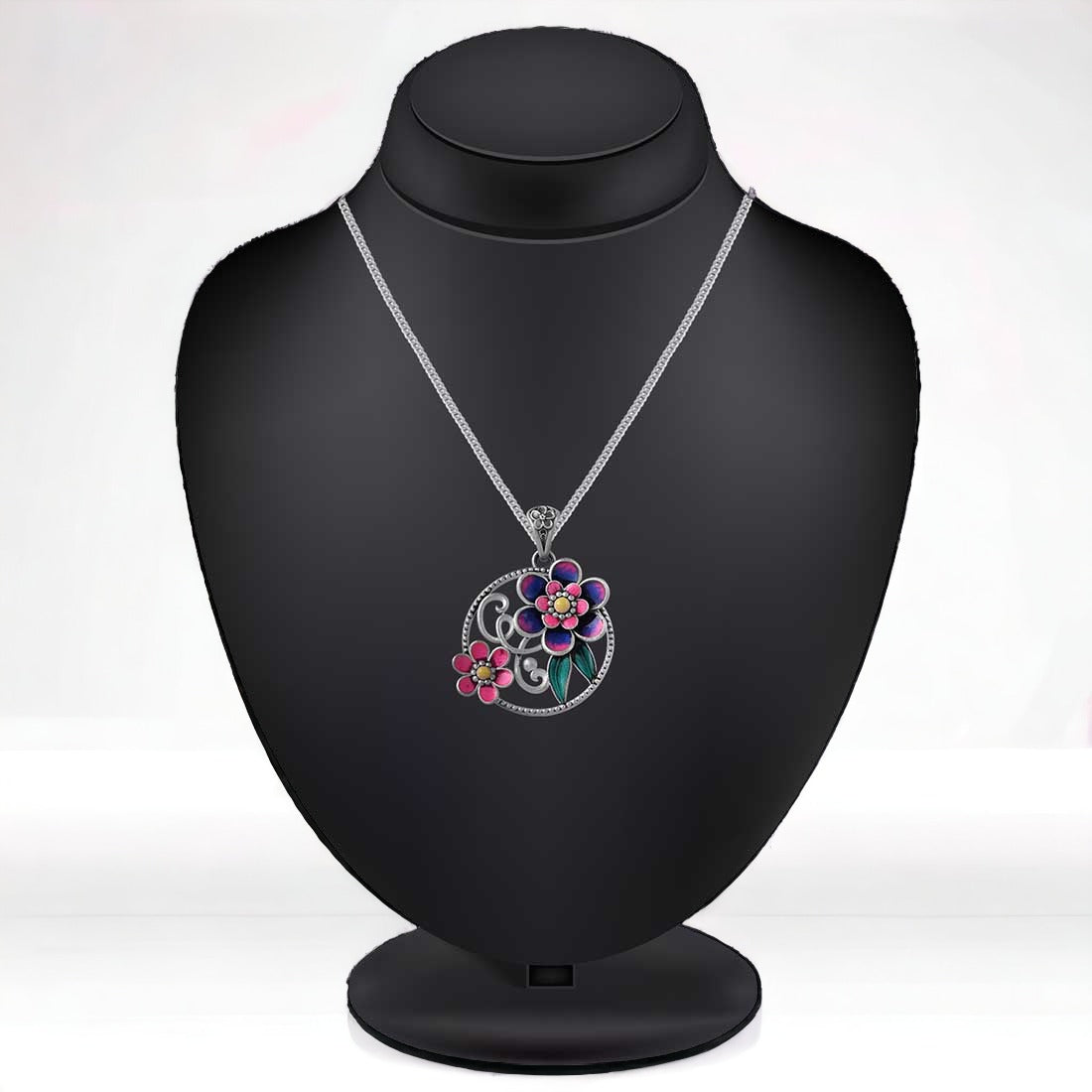 Moon Tarnish Oxidized Mina-Kari Blue & Pink Flower Pendant For Women & Girls (Without Chain)