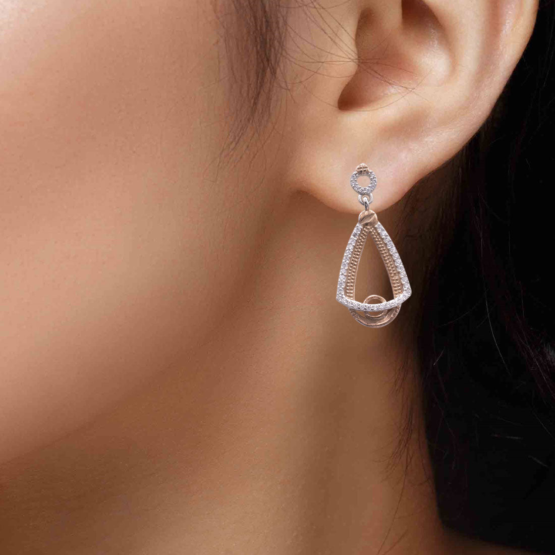 925 Sterling Silver Dual Tone Triangle Pendant Set with Matching Earrings for Women & Girls (No Chain)