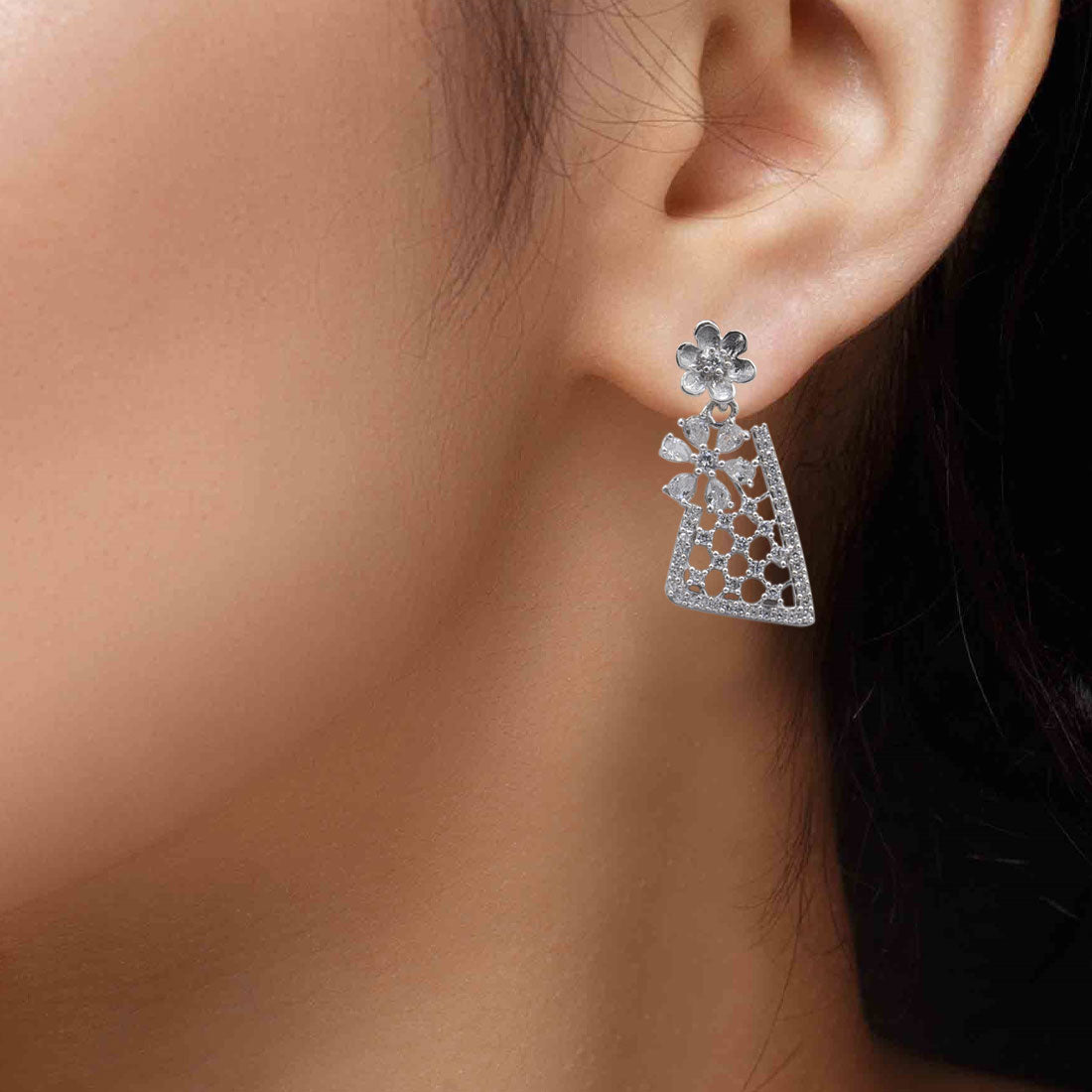 Triangle Floral Stone Pendant & Earring Set in Sterling Silver for Women & Girls (No Chain)