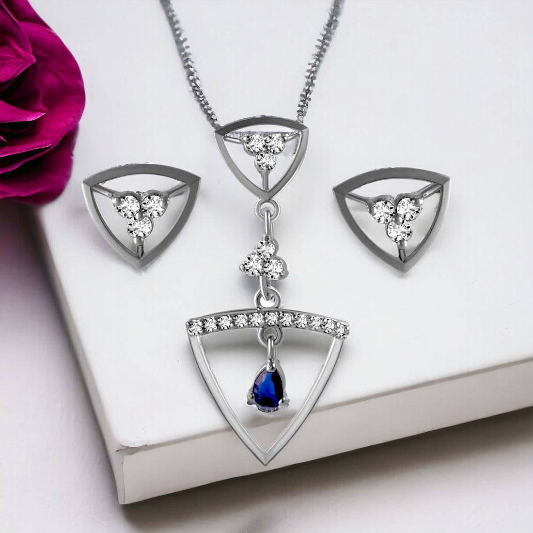 Triangle Drop Set with Blue Stone For Women & Girls