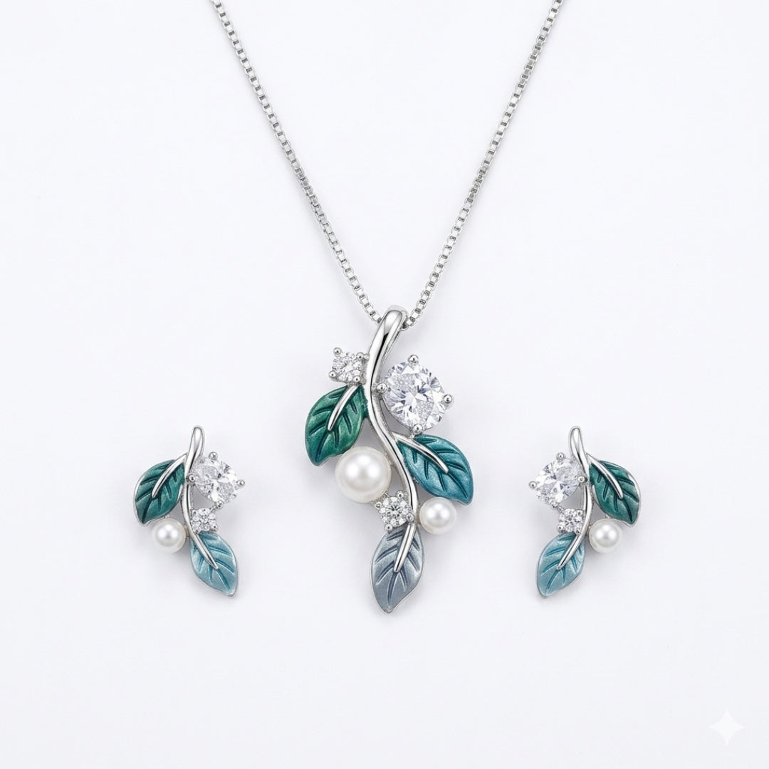Sterling Silver Leaf Chain Pendant with Earrings Set for Women