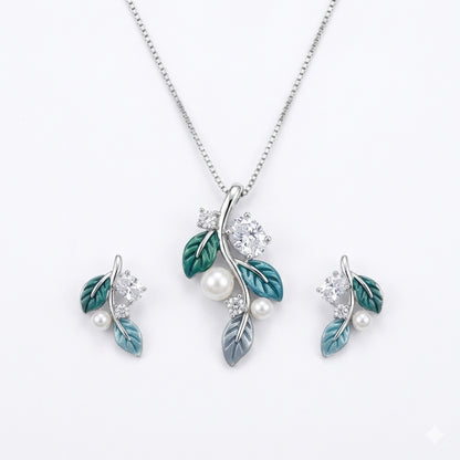 Sterling Silver Leaf Chain Pendant with Earrings Set for Women