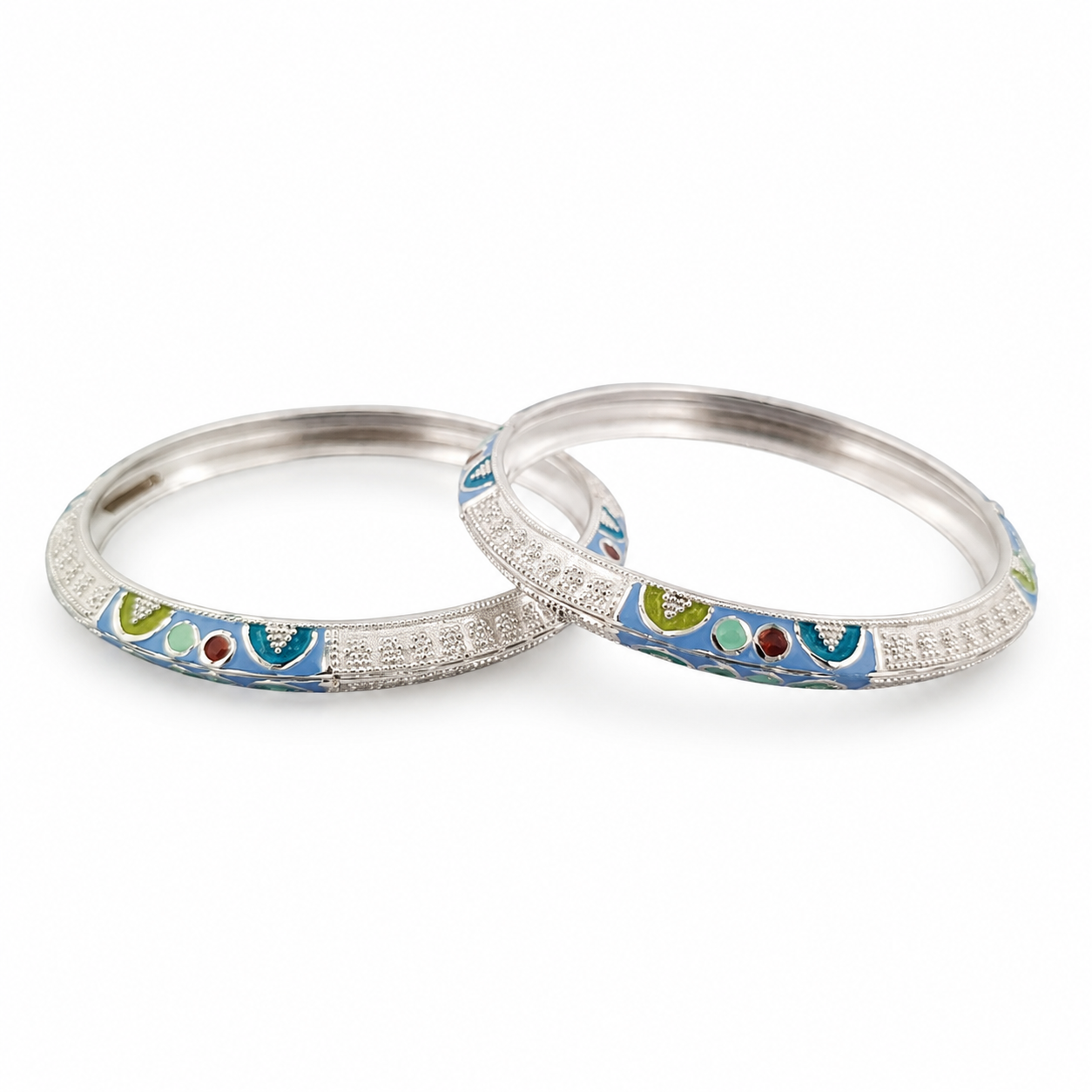 Sterling Silver Sky Blue Meenakari Manipuri Bangle Set for Women