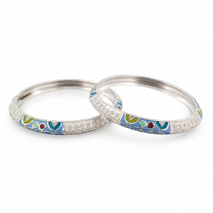 Sterling Silver Sky Blue Meenakari Manipuri Bangle Set for Women
