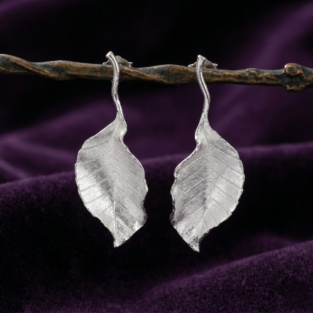 Sterling Silver Textured Leaf Drop Earrings For Women and Girls