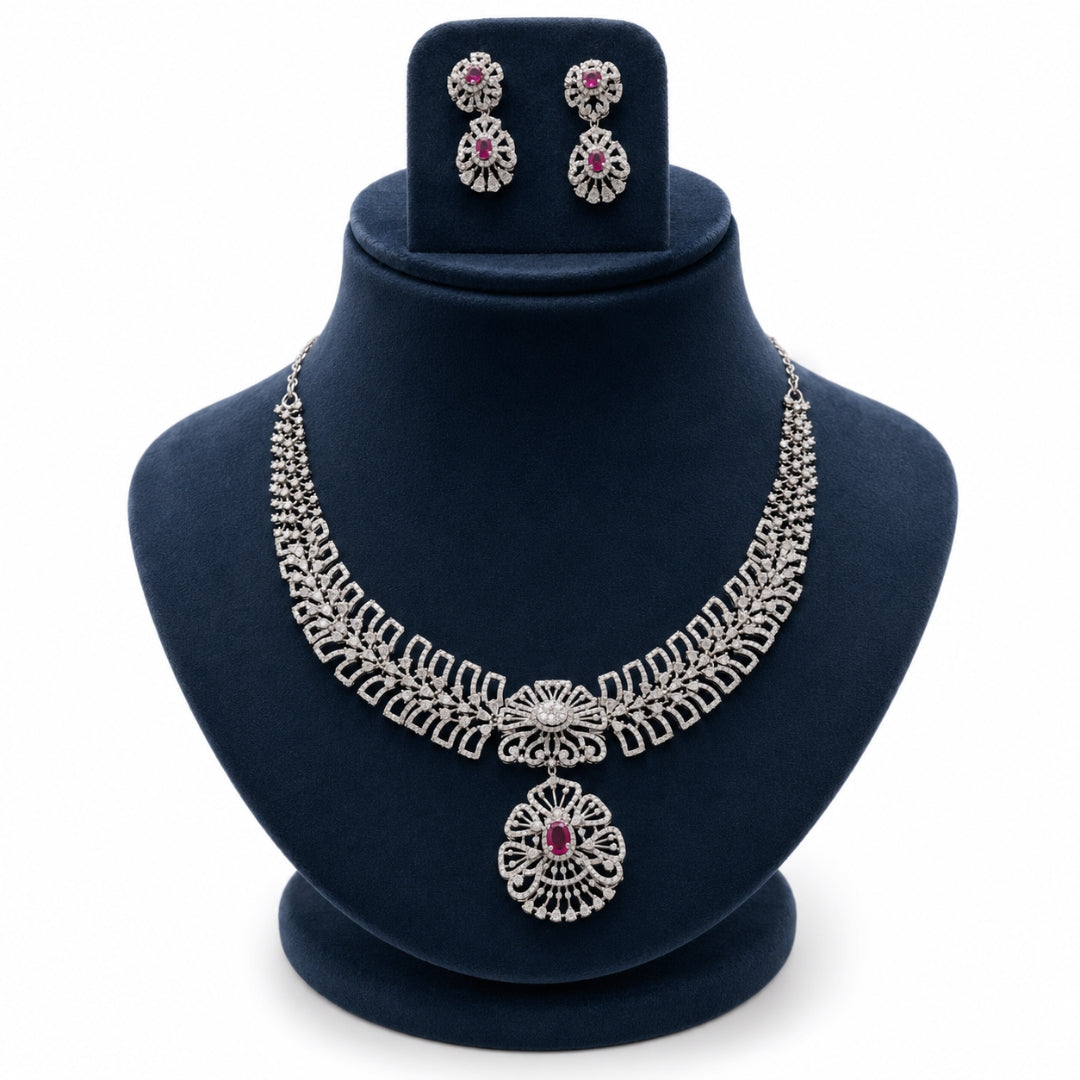 Sterling Silver Floral Pink Stone Necklace With Earrings for Women