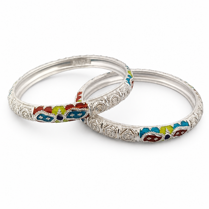 Sterling Silver Teal Maroon Meenakari Manipuri Bangle Set for Women