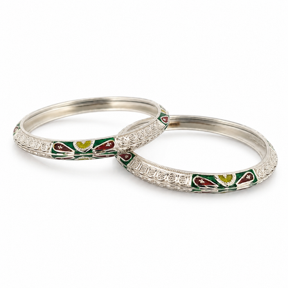 Sterling Silver Green Maroon Meenakari Manipuri Bangle Set for Women