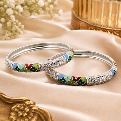 Sterling Silver Petal Motif Meenakari Manipuri Bangle Set for Women
