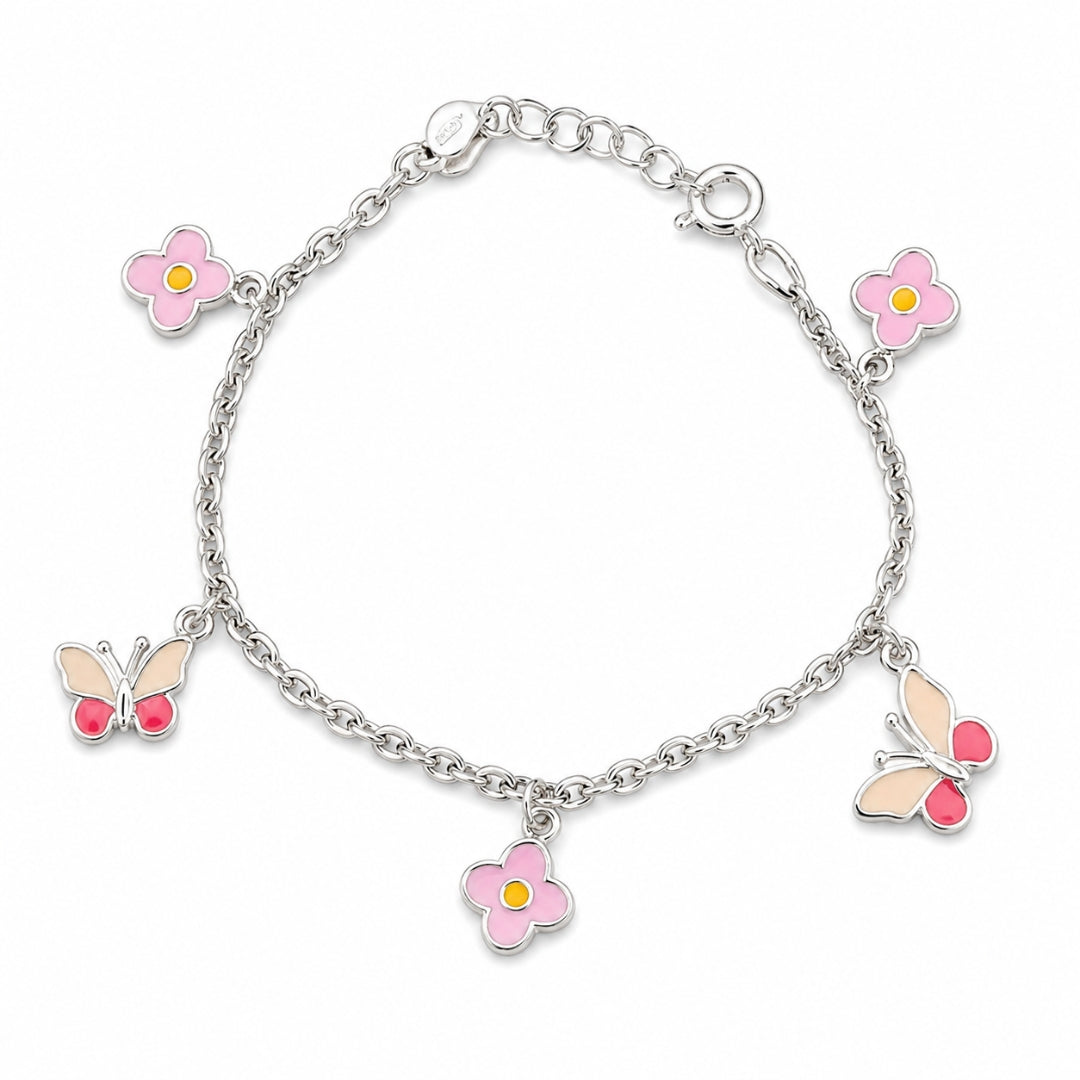 Sterling Silver Floral Butterfly Charm Bracelet for Kids