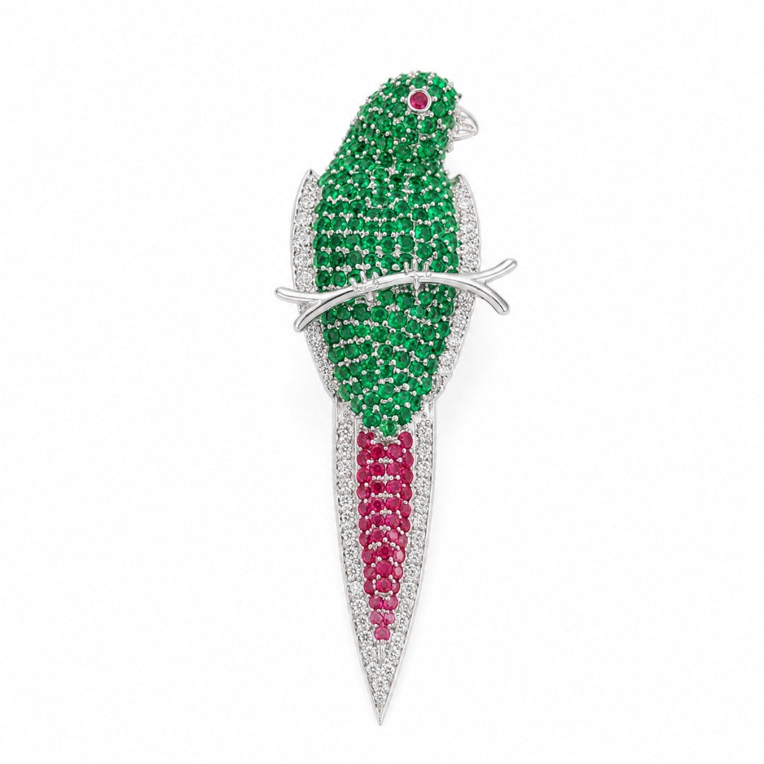 Sterling Silver Green Stone Studded Bird Brooch Cum Pendant for Men and Women