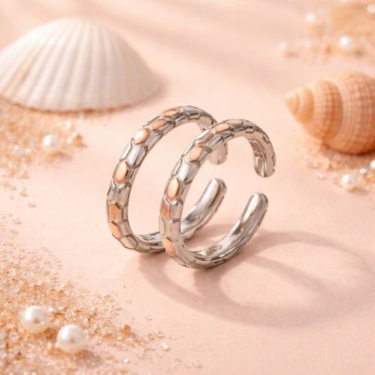 Sterling Silver Dual Tone Hexagon Pattern Adjustable Toe ring for Women and Girls