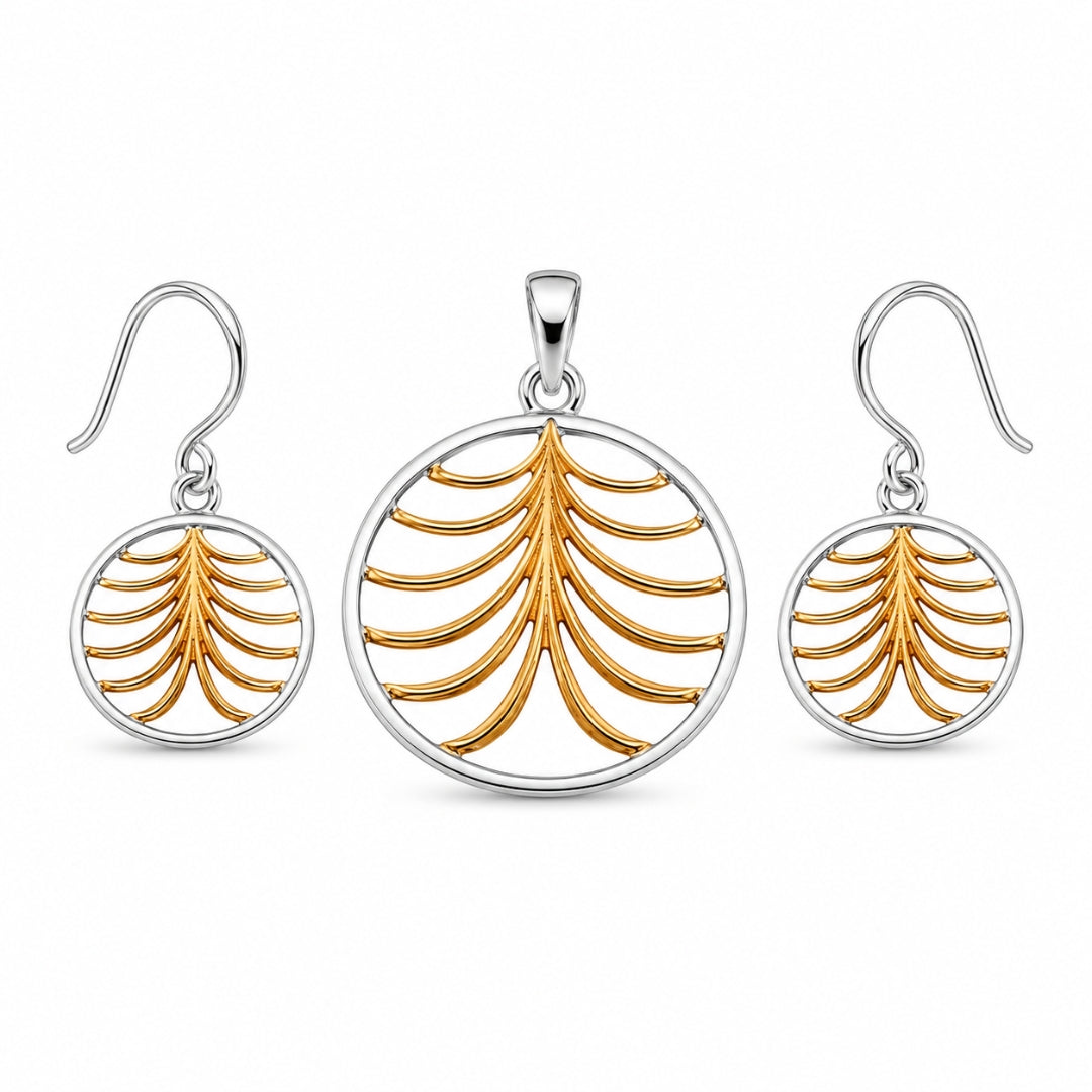 Sterling Silver Gold Plated Leaf Design Pendant (Without Chain) with Matching Hook Earrings Set for Women & Girls