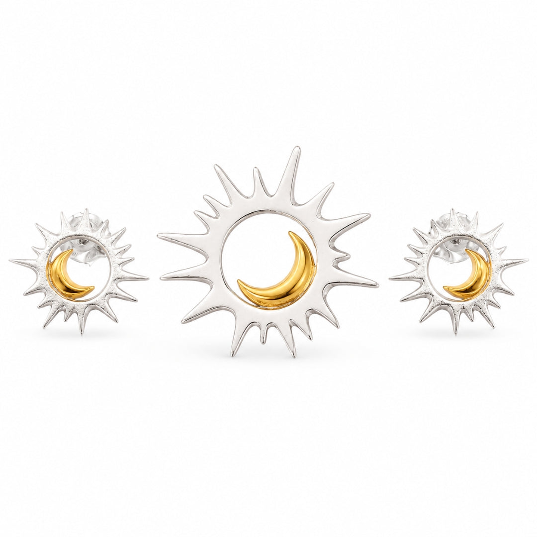 Sterling Silver Gold Plated Sun and Moon Pendant  (Without Chain) with Matching Earrings Set for Women & Girls
