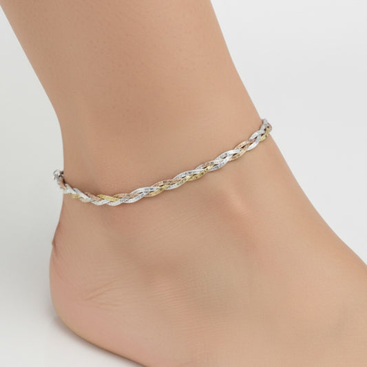 Stylish Twisted Triple Tone Silver Anklet for Women & Girls