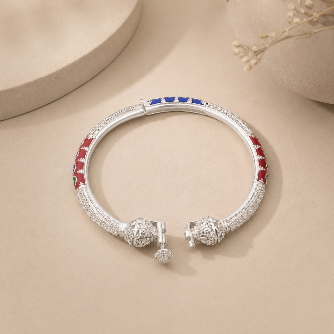 Sterling Silver Red and Blue Manipuri Bangle for Women