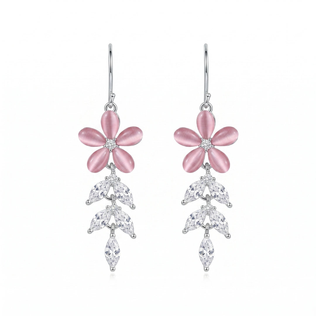 Sterling Silver Pink Floral CZ Leaf Dangler Earrings for Women