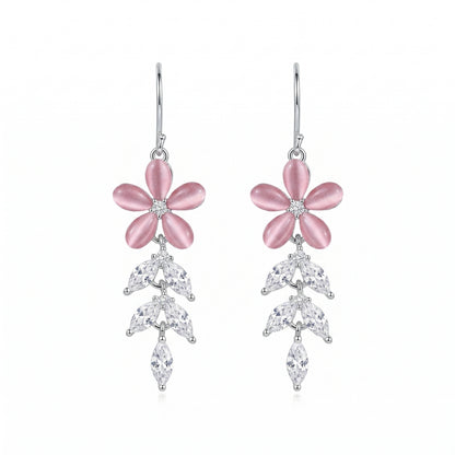 Sterling Silver Pink Floral CZ Leaf Dangler Earrings for Women