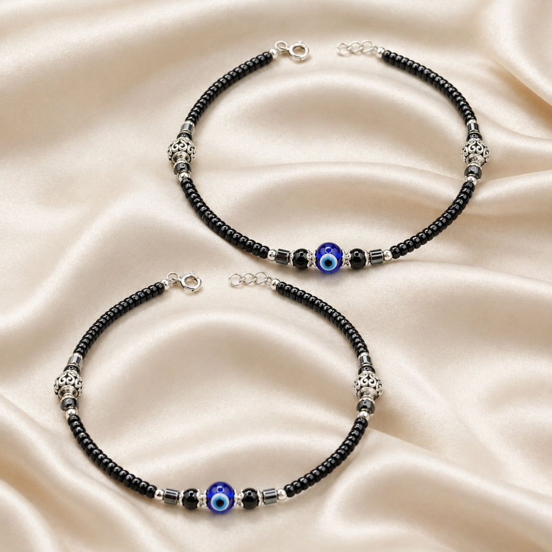 Sterling Silver Evil Eye Black Beaded Openwork Silver Beads Nazariya Anklet for Women & Girls