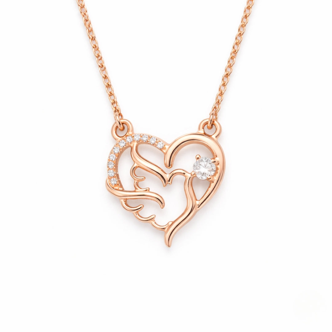 Sterling Silver Rose Gold Plated Angel Wing Heart Chain Pendant for Women