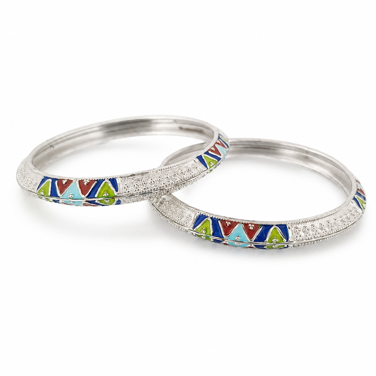 Sterling Silver Triangle Motif Meenakari Manipuri Bangle Set for Women