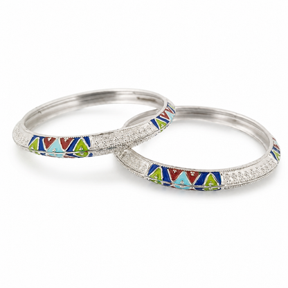 Sterling Silver Triangle Motif Meenakari Manipuri Bangle Set for Women