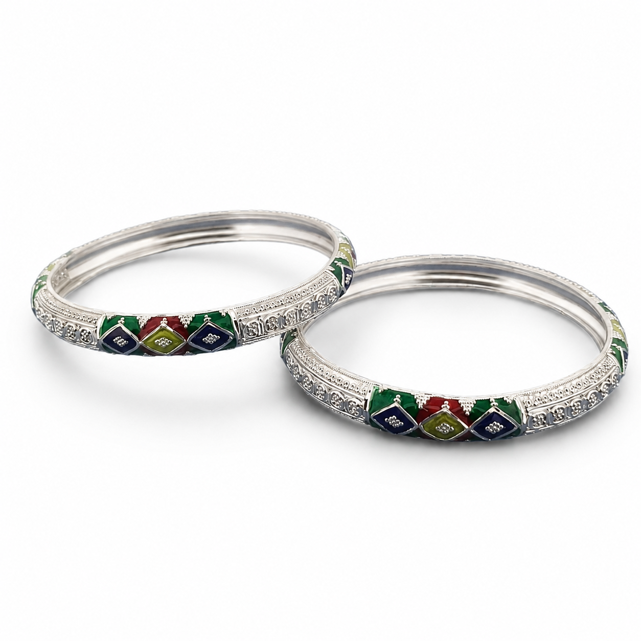 Sterling Silver Geometric Meenakari Manipuri Bangle Set for Women