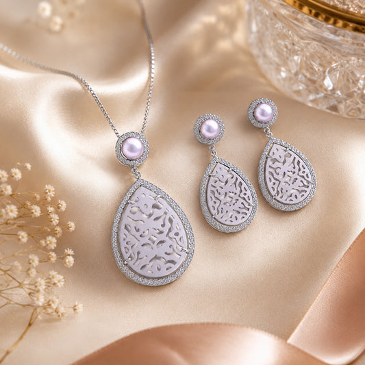 Sterling Silver Mother of Pearl Teardrop Chain Pendant with Earrings Set for Women and Girls