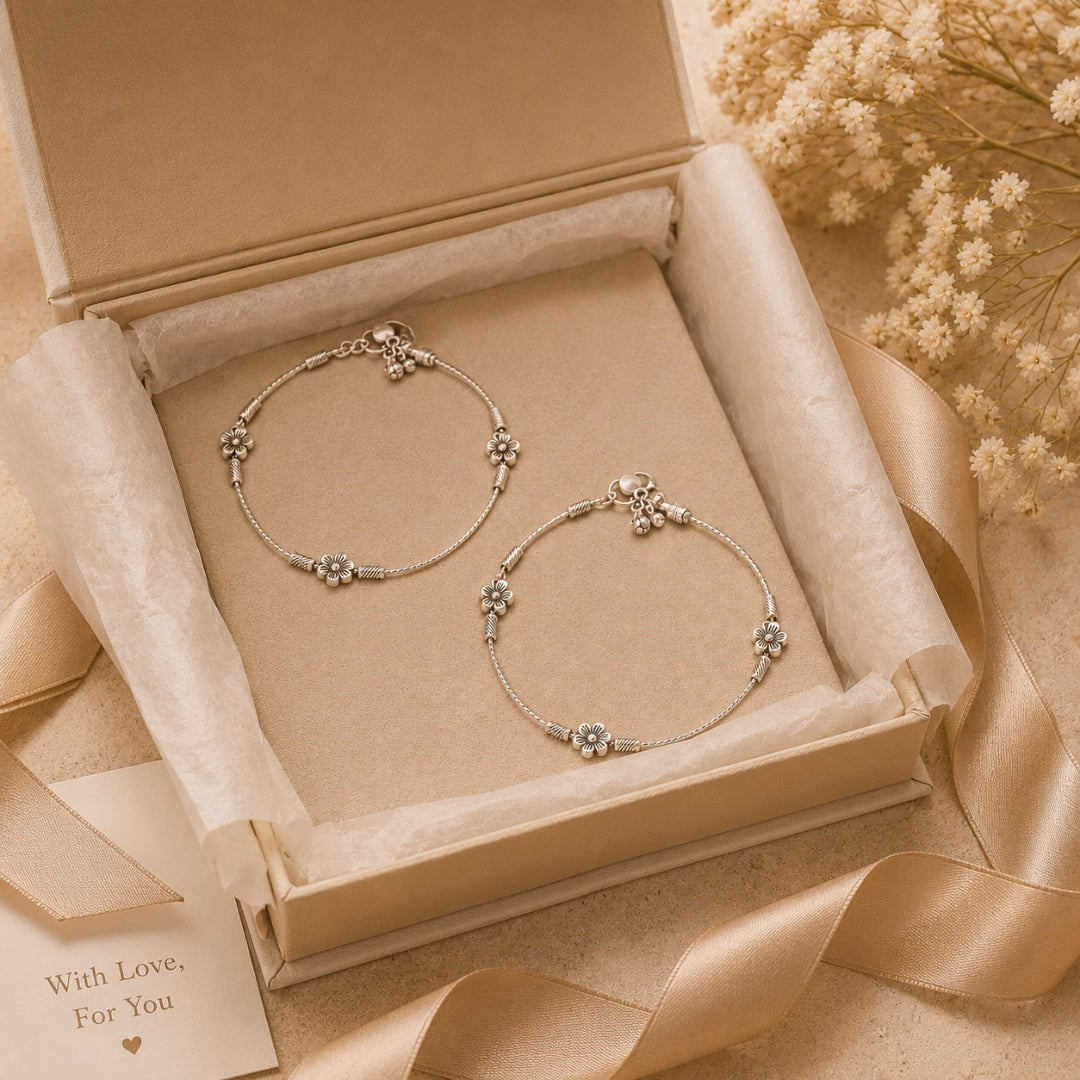 Sterling Silver Flower Charm Anklets for Women & Girls