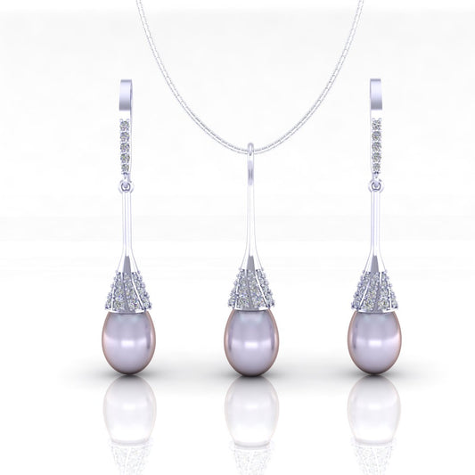 Sterling Silver Pearl drop chain pendant with earrings set for women and girls