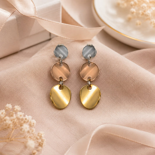 Sterling Silver Triple Tone Round Disc Dangle Earrings for Women and Girls