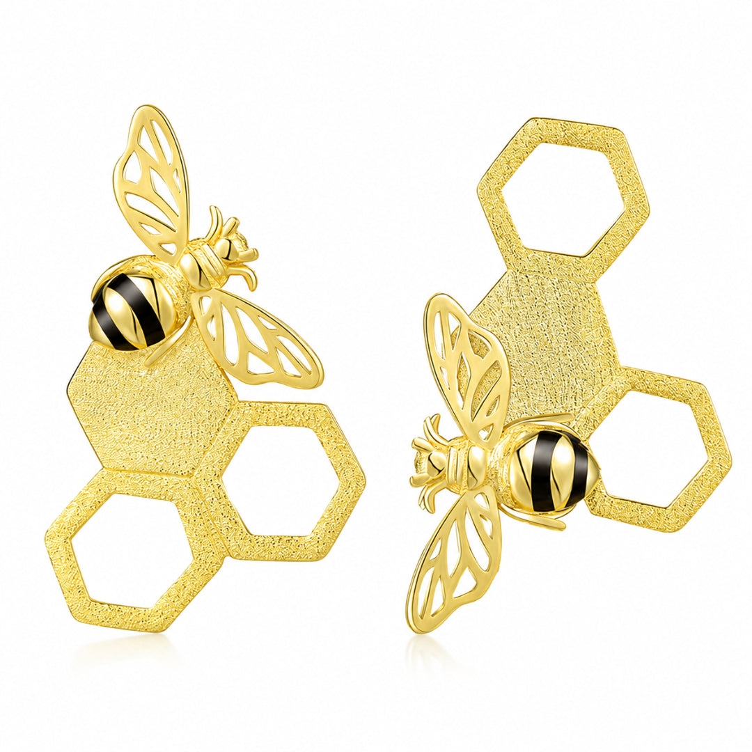 Sterling Silver Gold Plated Honeycomb Bee Stud Earrings For Women & Girls