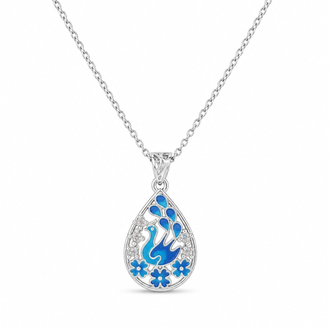 925 Sterling Silver Openwork Blue Tear Drop Peacock Chain Pendant for Women