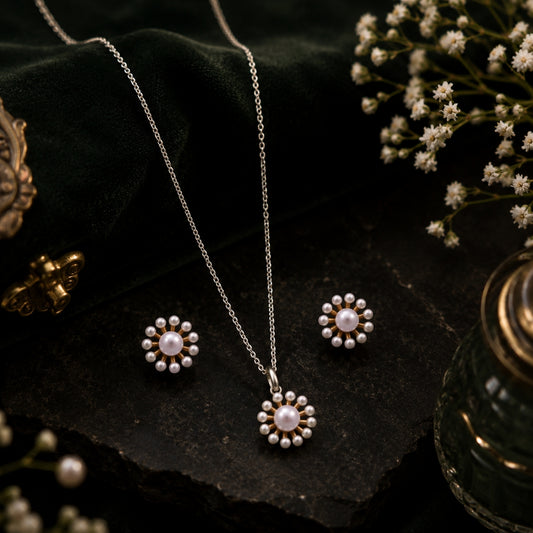 Sterling Silver Sunflower Design Pendant with Chain and Earrings Set For Women And Girls