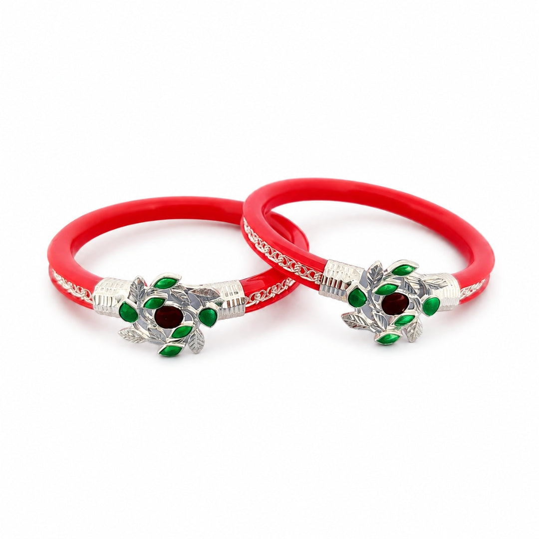 925 Sterling Silver Red Pola Bangle Pair with Green Leaf Motif for Women