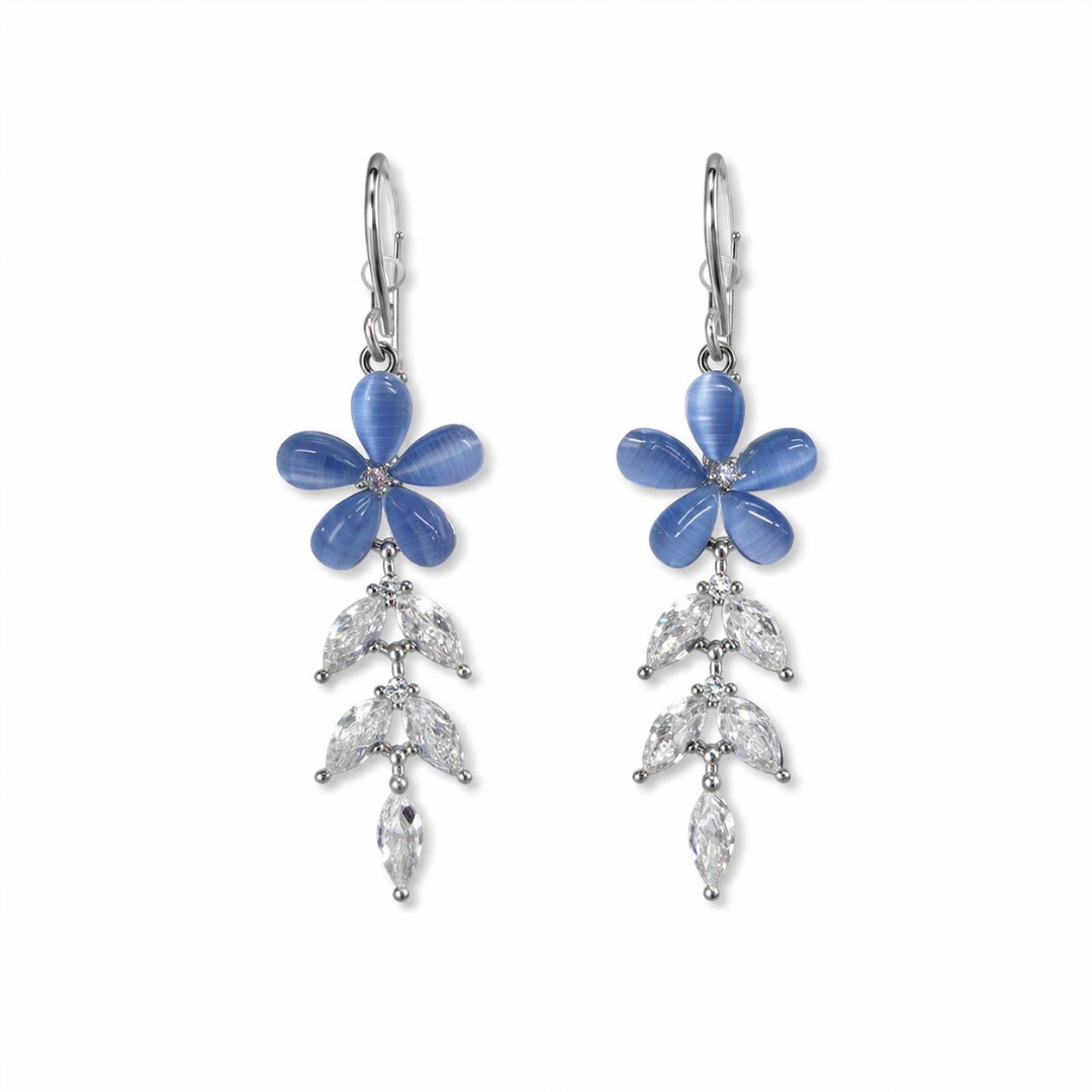 Sterling Silver Blue Floral CZ Leaf Dangler Earrings for Women