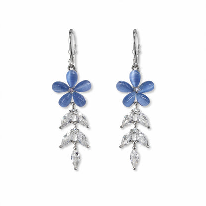 Sterling Silver Blue Floral CZ Leaf Dangler Earrings for Women