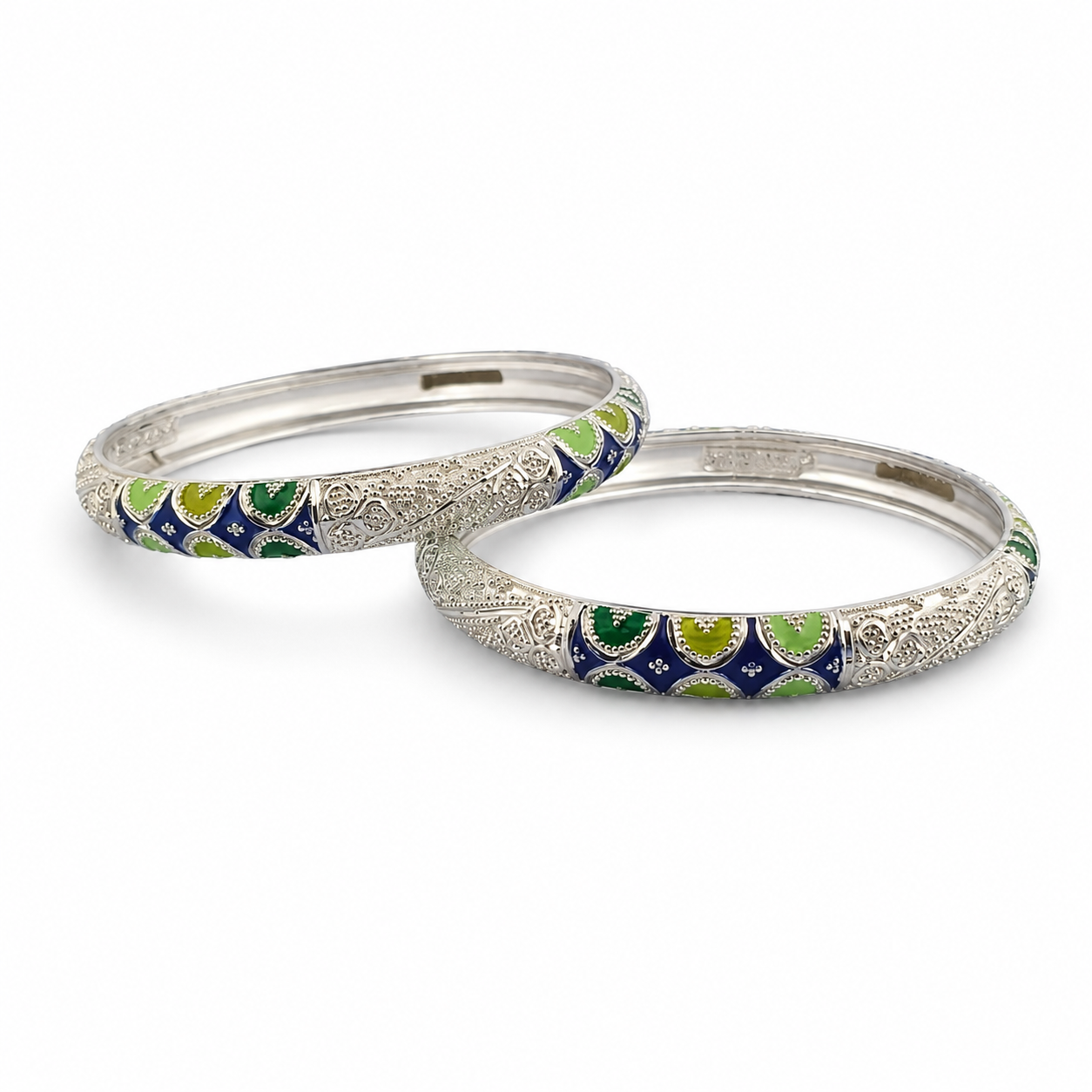 Sterling Silver Blue Green Meenakari Manipuri Bangle Set for Women