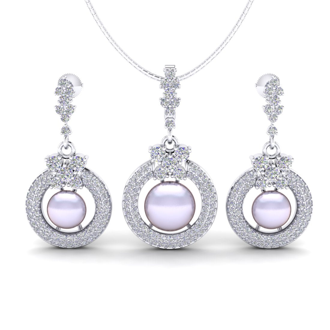 Sterling Silver Cubic Zirconia Studded Pearl Style Pendant Chain and Earrings Set for Women and Girls