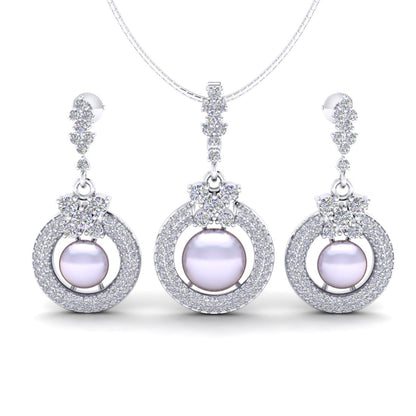 Sterling Silver Cubic Zirconia Studded Pearl Style Pendant Chain and Earrings Set for Women and Girls