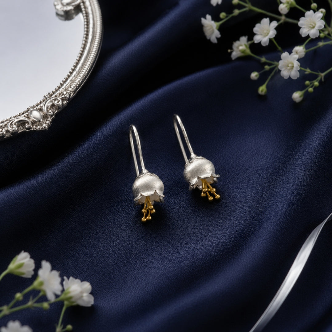 Sterling Silver Dual Tone Floral Drop Earring for Women and Girls