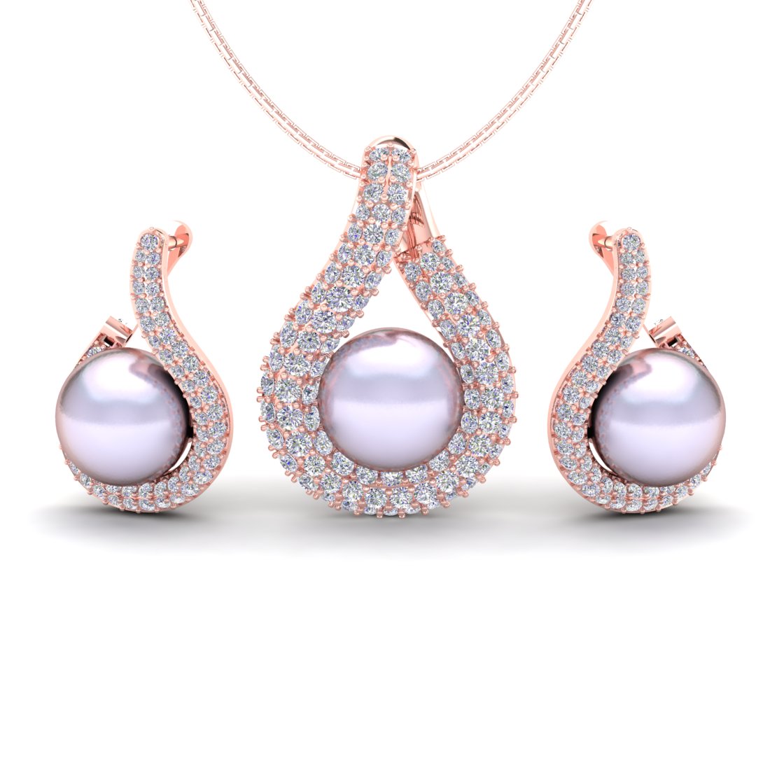 Rose Gold Tone Infinity Pearl Zircon Pendant Set with Chain & Earrings for Women & Girls