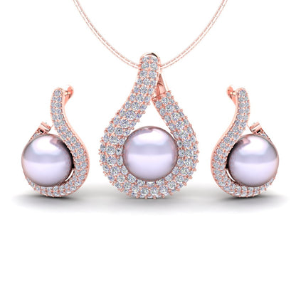 Rose Gold Tone Infinity Pearl Zircon Pendant Set with Chain & Earrings for Women & Girls