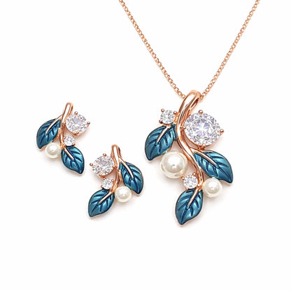 Sterling Silver RoseGold Plated Leaf Chain Pendant with Earrings Set for Women